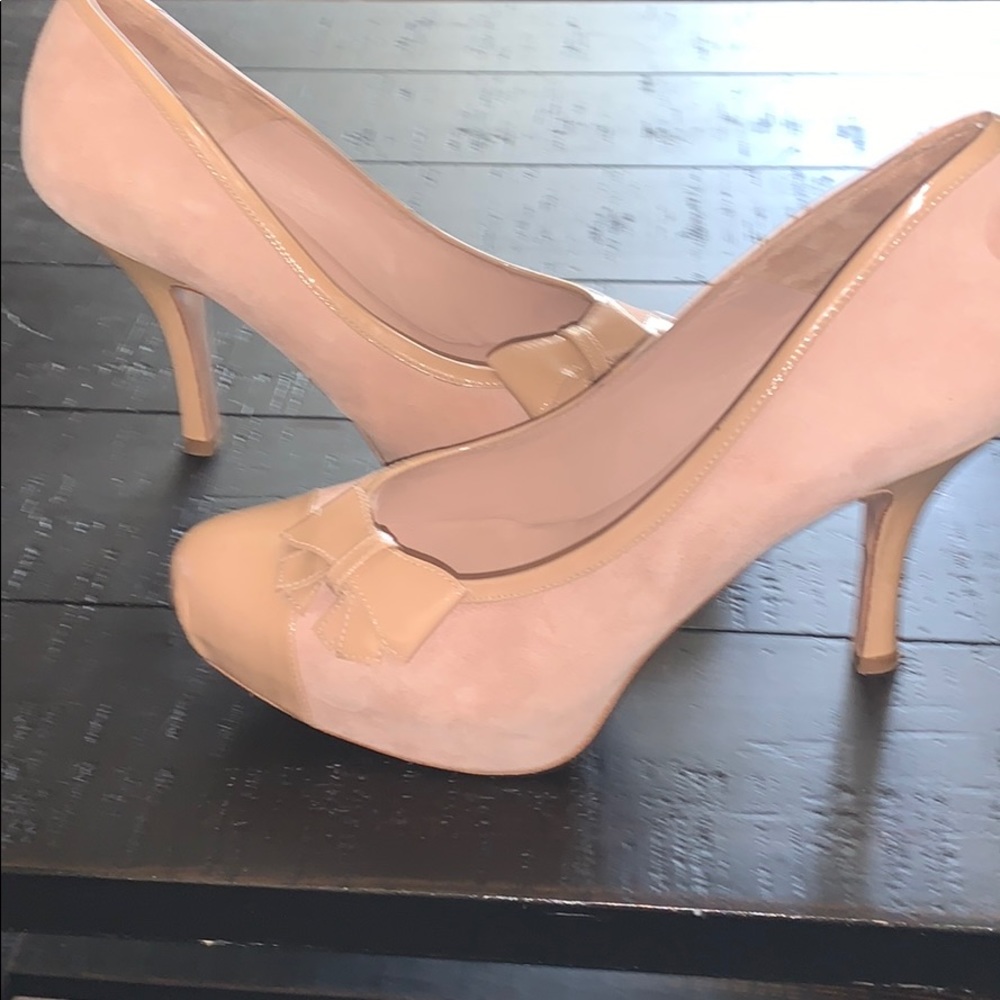 EUC Pura Lopez pink suede and tan leather heels